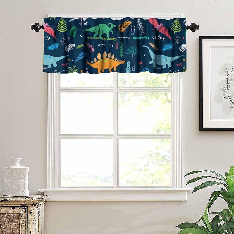 YSWOW Kids Dinosaur Valance Curtain Blue Background Cartoon Dinosaurs Art Printed Window Drapes for Boys Bedroom Decor W54xL18in Fabric Polyester 1 Panel - Image 2